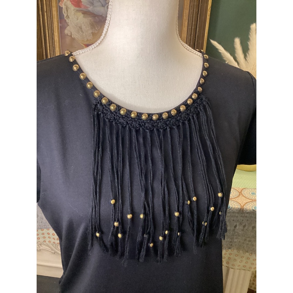 Ruby Rd Petite Black Short Sleeve Top Fringe Studded Crochet Bib PM - Picture 2 of 5